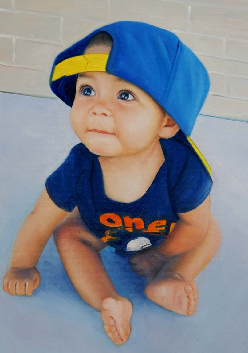 a custom oil painting of a little boy wearing a hat
