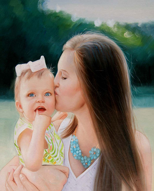 an oil painting of a mother kissing her blue eyed daughter