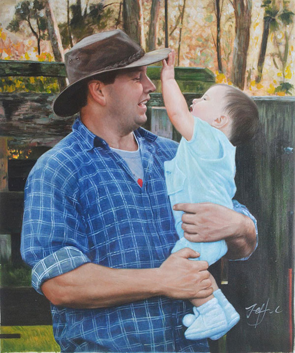 an oil painting of a child and his father playing