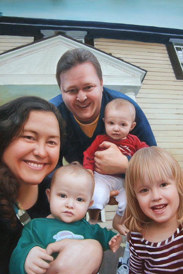 an oil painting family by their house