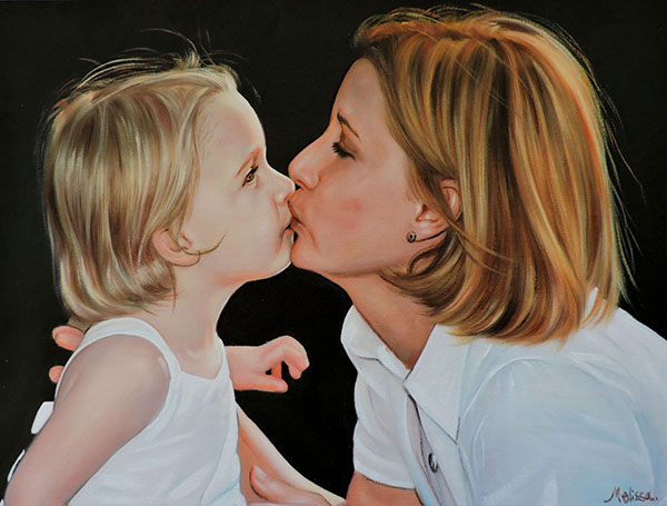 an oil painting of mother and child kissing