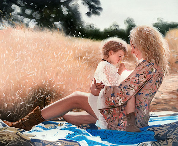 an oil portrait of mom and child in meadows