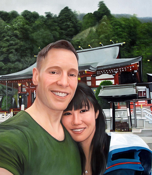 oil painting of white man and asian woman near traditional