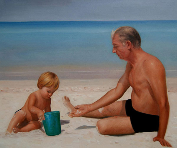 an oil painting of grandfather and grandkid playing in sand