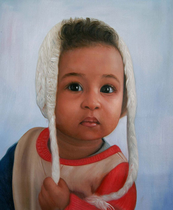 an oil painting of a black child wearing a hat
