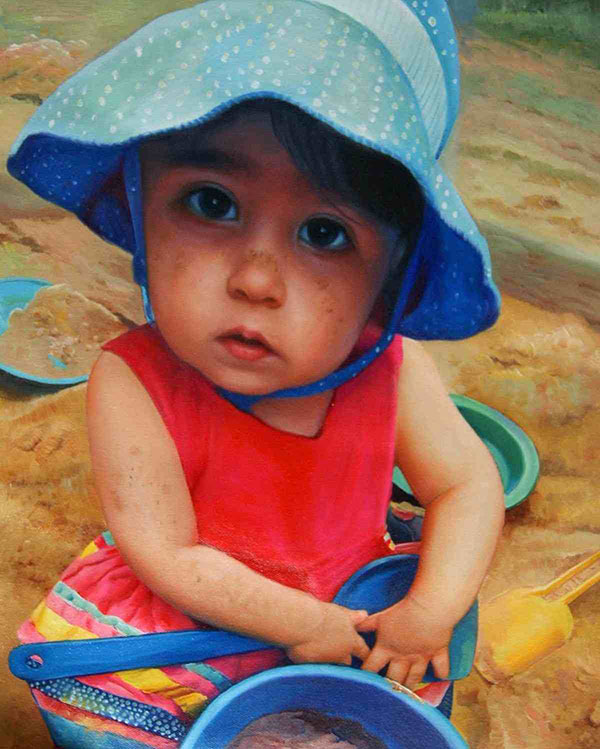an oil painting of a young child with blue hat