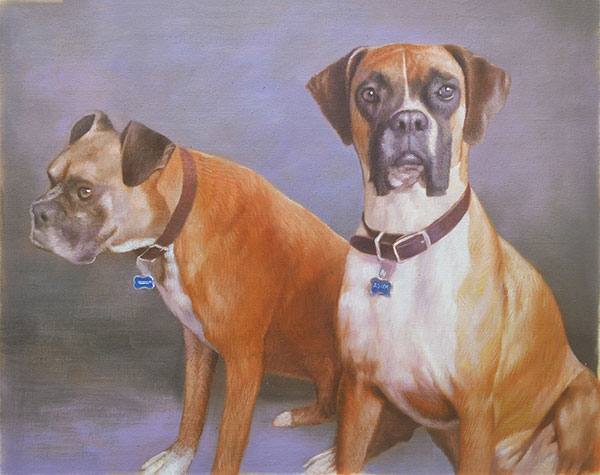 handmade oil painting of two boxers