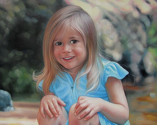 an oil painting of a young little girl in a light blue