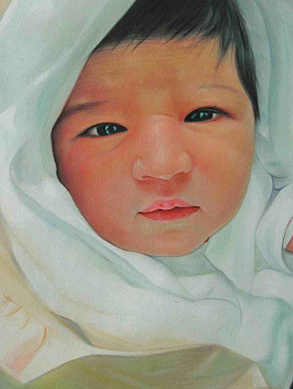 an oil painting of a toddler in a blanket