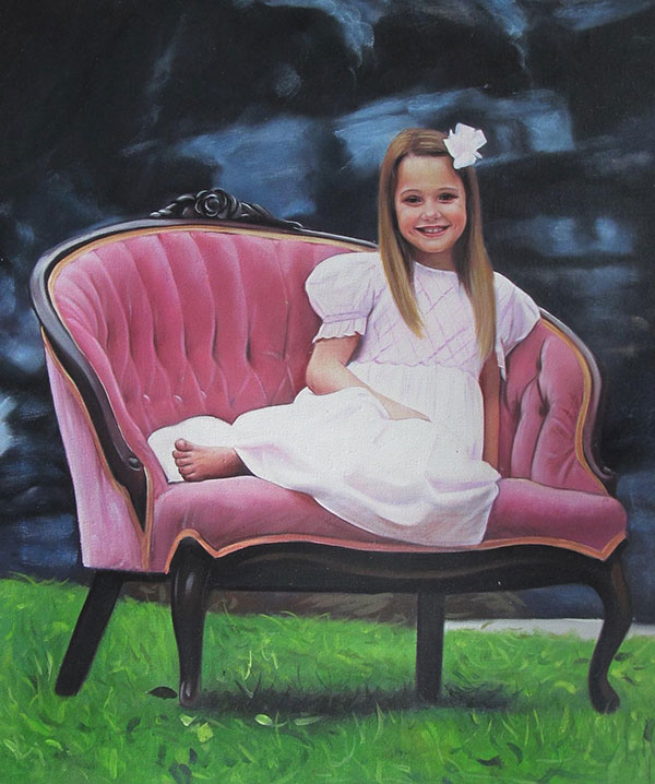 a custom oil painting of a child sitting in the chair