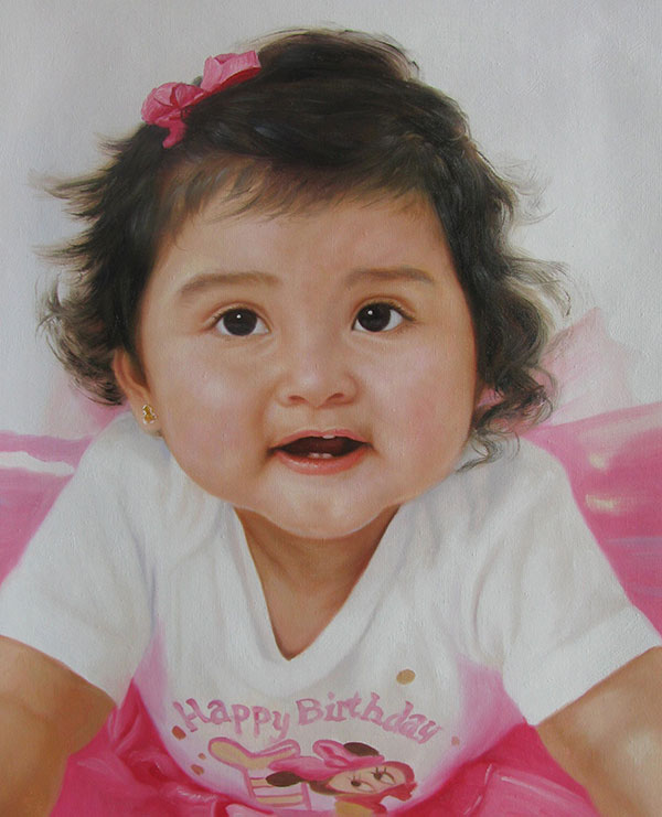 an oil painting of young child with pink bow