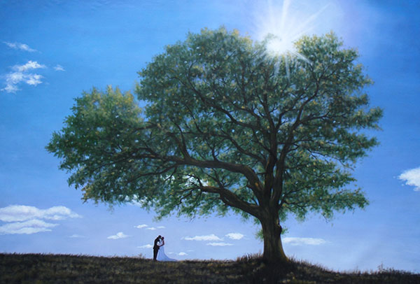 wedding couple by a large tree oil painting