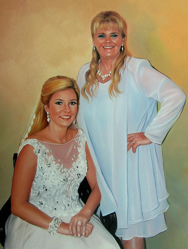 a customt oil painting of the bride and her mother