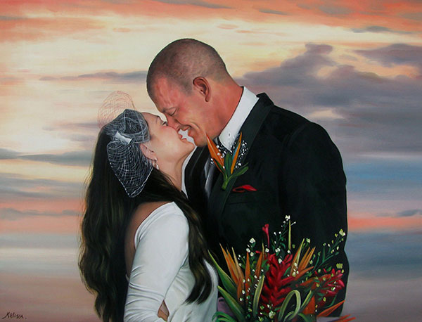 an oil painting of a wedding couple dusk