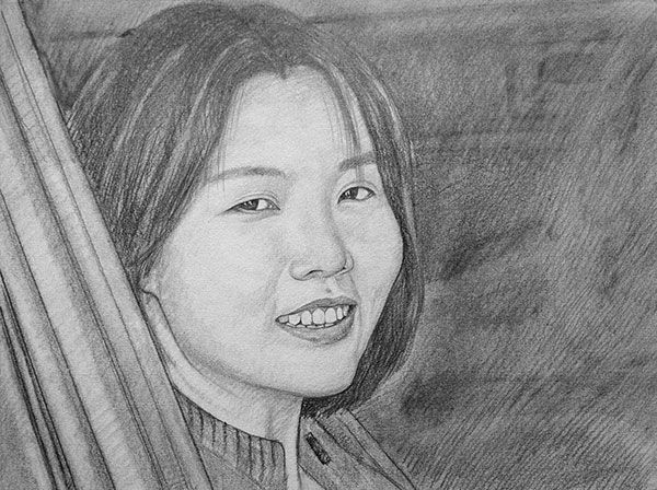 custom pencil drawing of an Asian woman smiling
