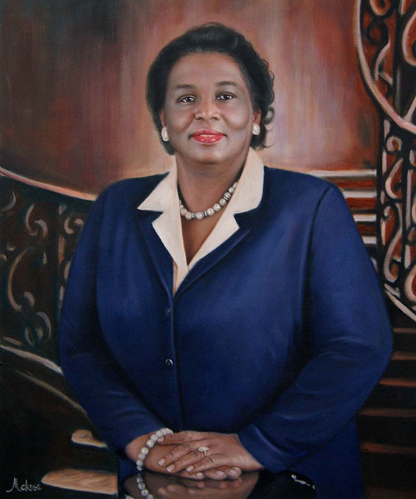 a custom oil painting of a black female in blue suit