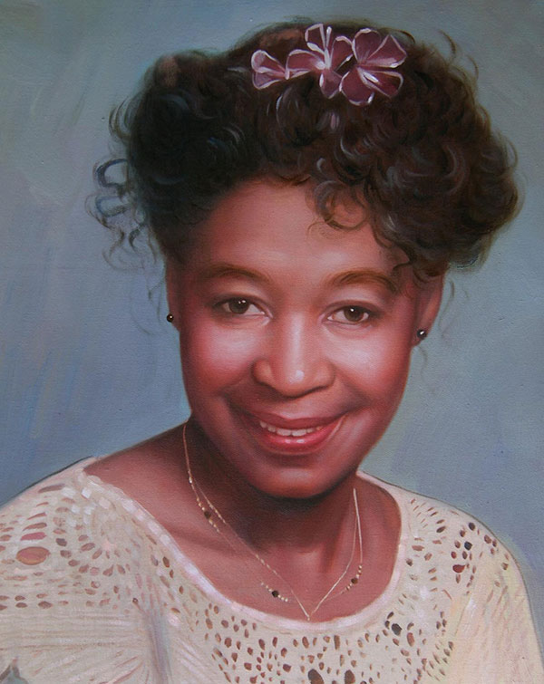 a custom oil portrait of a black female with flower pin hair