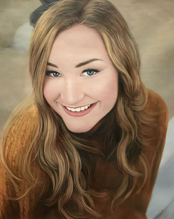 an oil painting of a blond woman with blue eyes