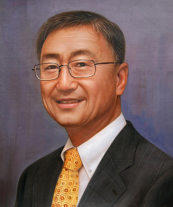 an oil portrait of an asian man in suit