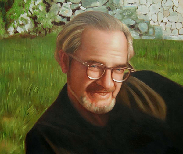 an oil painting of a man sitting in a field