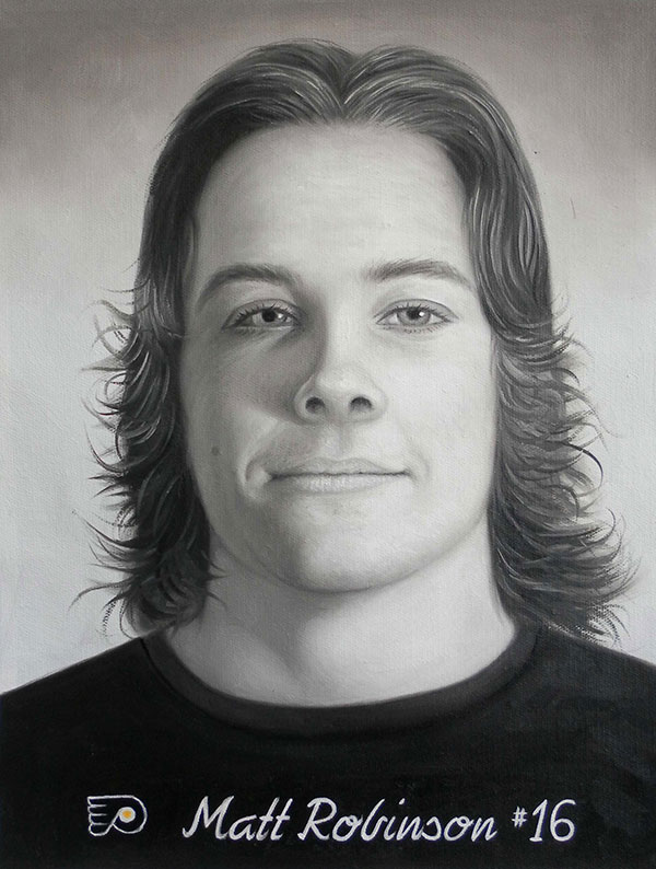 a black and white oil painting of a young man
