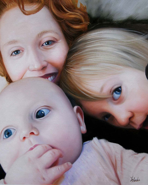 an oil portrait of mother and her two children
