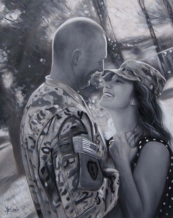 black and white oil painting of happy soldier couple