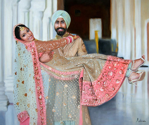 pictures to art oil painting of happy Indian couple