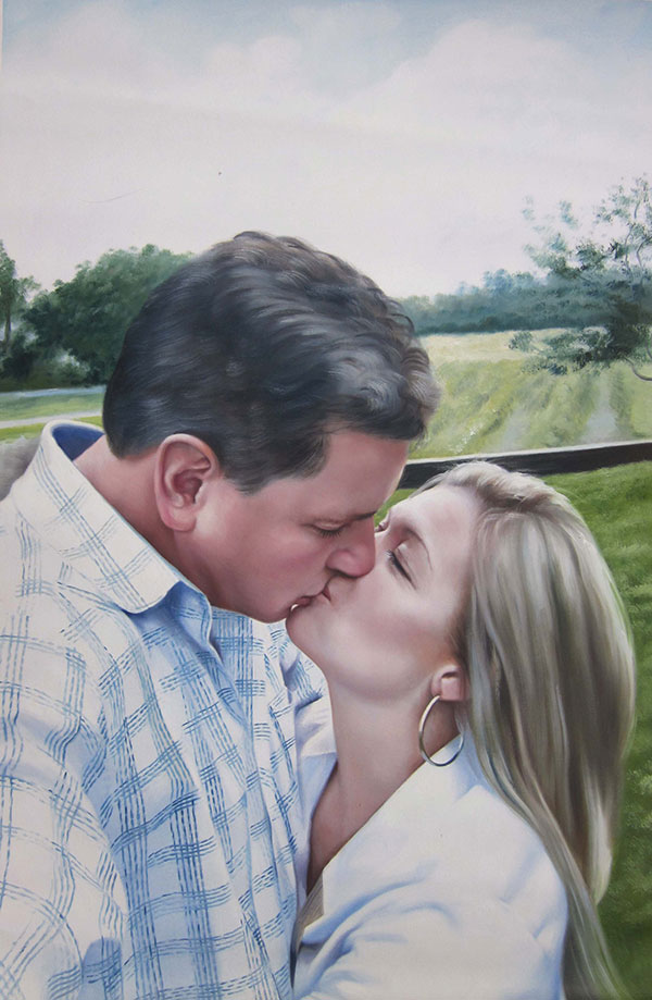 photo to oil painting of white couple kissing outside