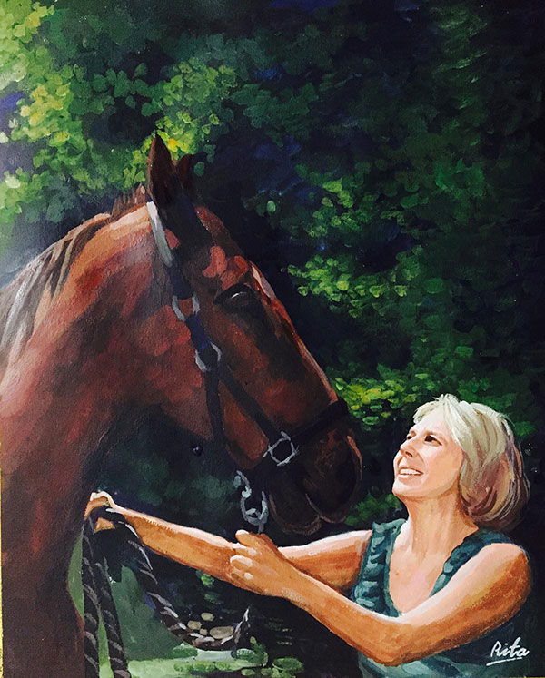 horse painting in pastel with owner