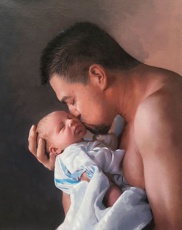 an oil painting of asian father kissing a baby