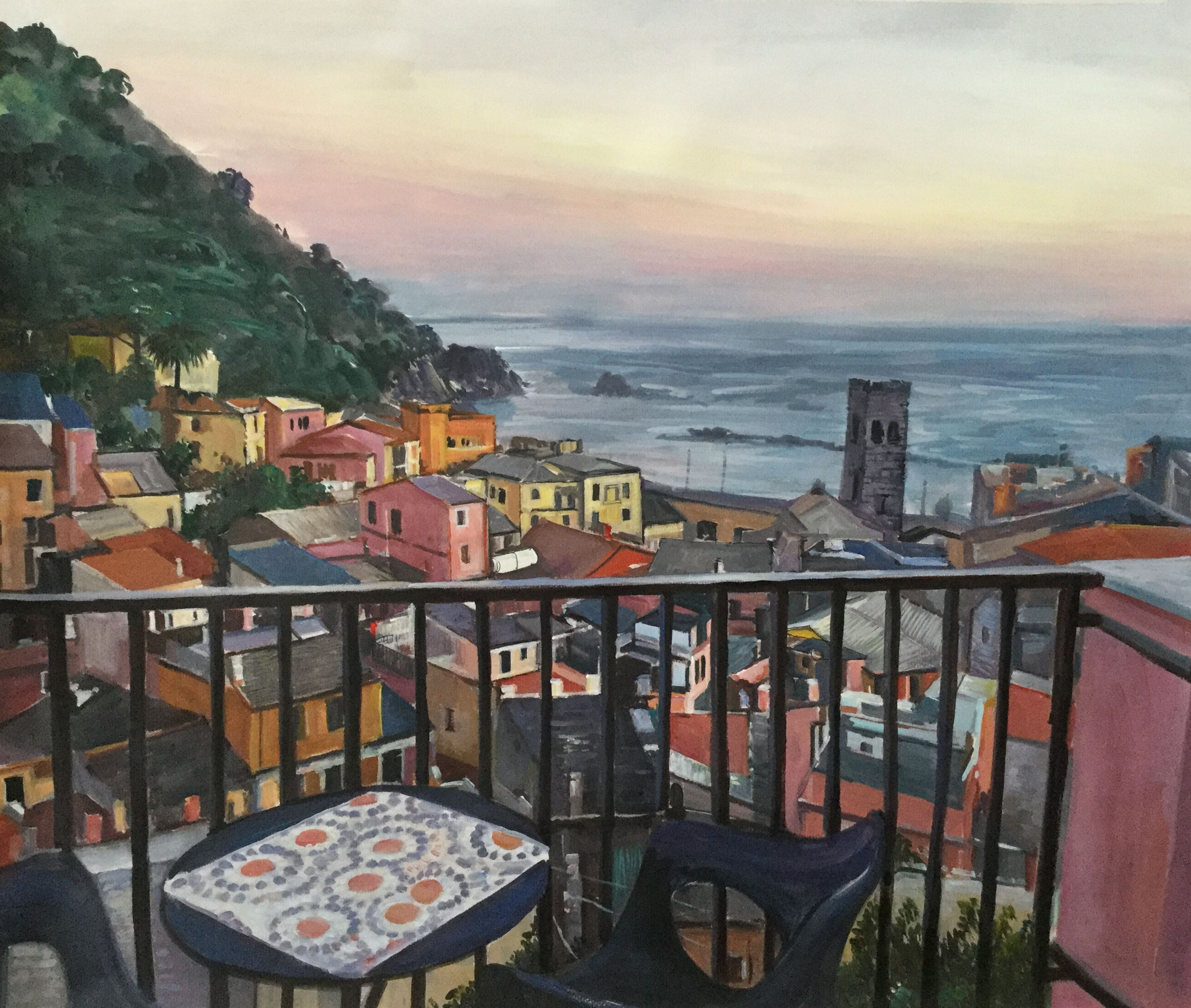 custom watercolor painting of houses by the sea from balcony