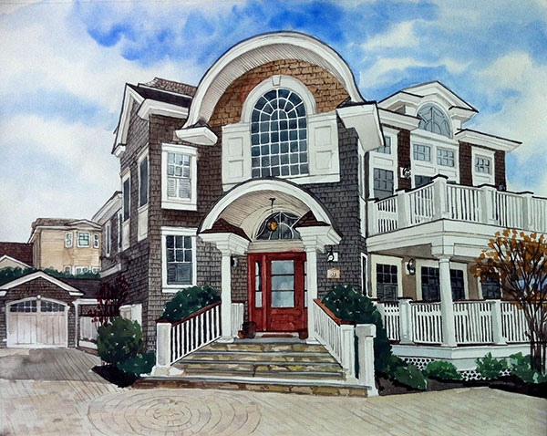 custom watercolor painting of house with red door