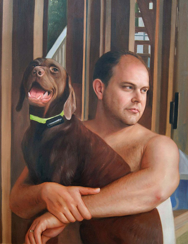 Custom oil painting of a man hugging his labrador