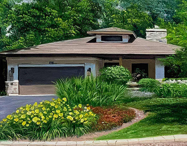 Handmade oil painting of a brown house yellow flowers