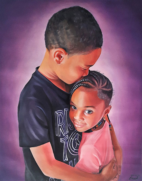 a custom oil painting of two black siblings hugging