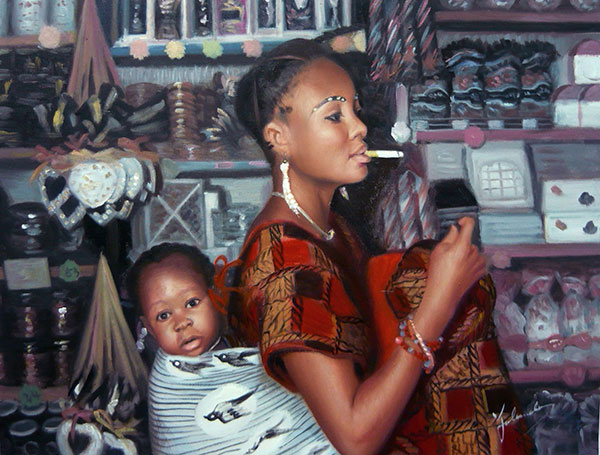 a custom oil painting of black woman carrying her child
