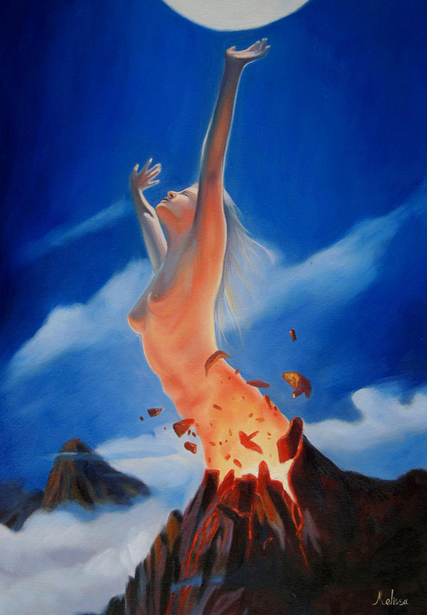 oil painting of woman coming out of volcano