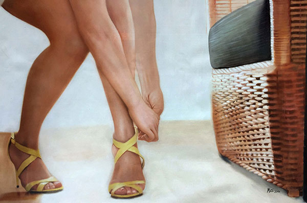 photo to oil painting of woman putting yellow heels on