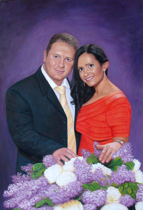 custom acrylic painting of fancy couple with bouqet flowers