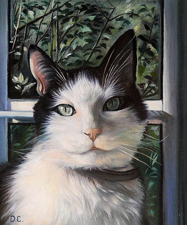 custom oil painting of a cat in front of the window