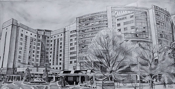 custom pencil drawing of an office building