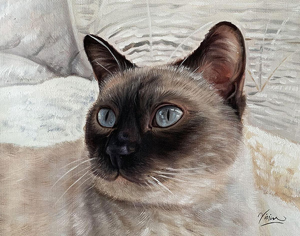 oil painting of a grey cat with light blue eyes