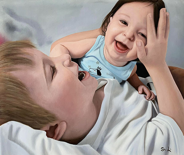 a custom oil painting of siblings having fun