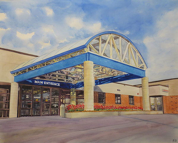 Geschäftsgebäude handgemalt in Aquarell