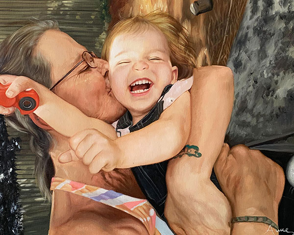an oil painting of grandma kissing her grandchild