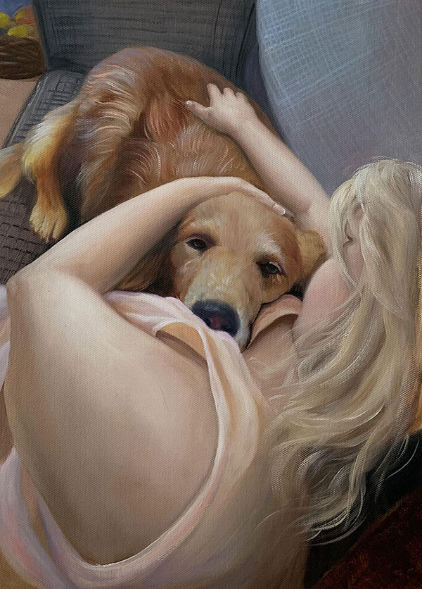 Custom acrylic painting of a lady and a dog