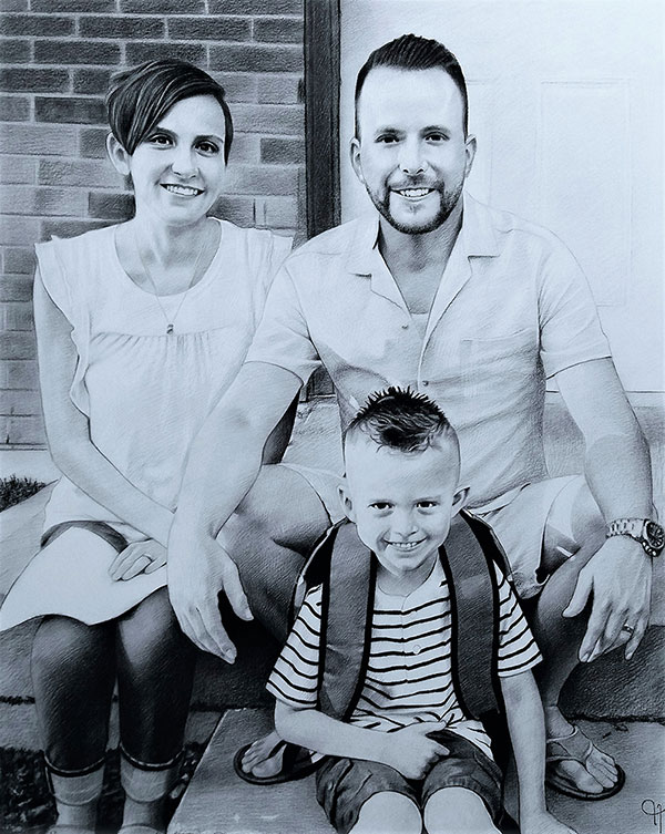 happy family charcoal portrait