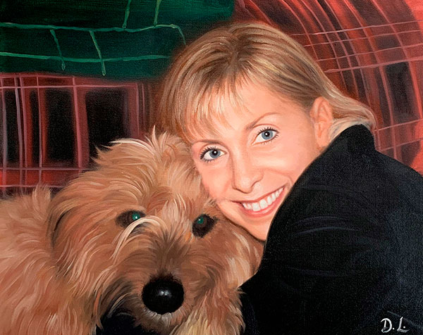 Beautiful oil painting of a woman with a dog