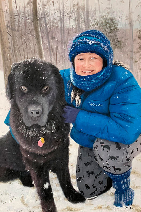 Beautiful oil artwork of a girl with a dog